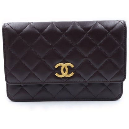 Chanel Quilted Lambskin Leather Chain Wallet Shoulder Bag Gold Brown Plate