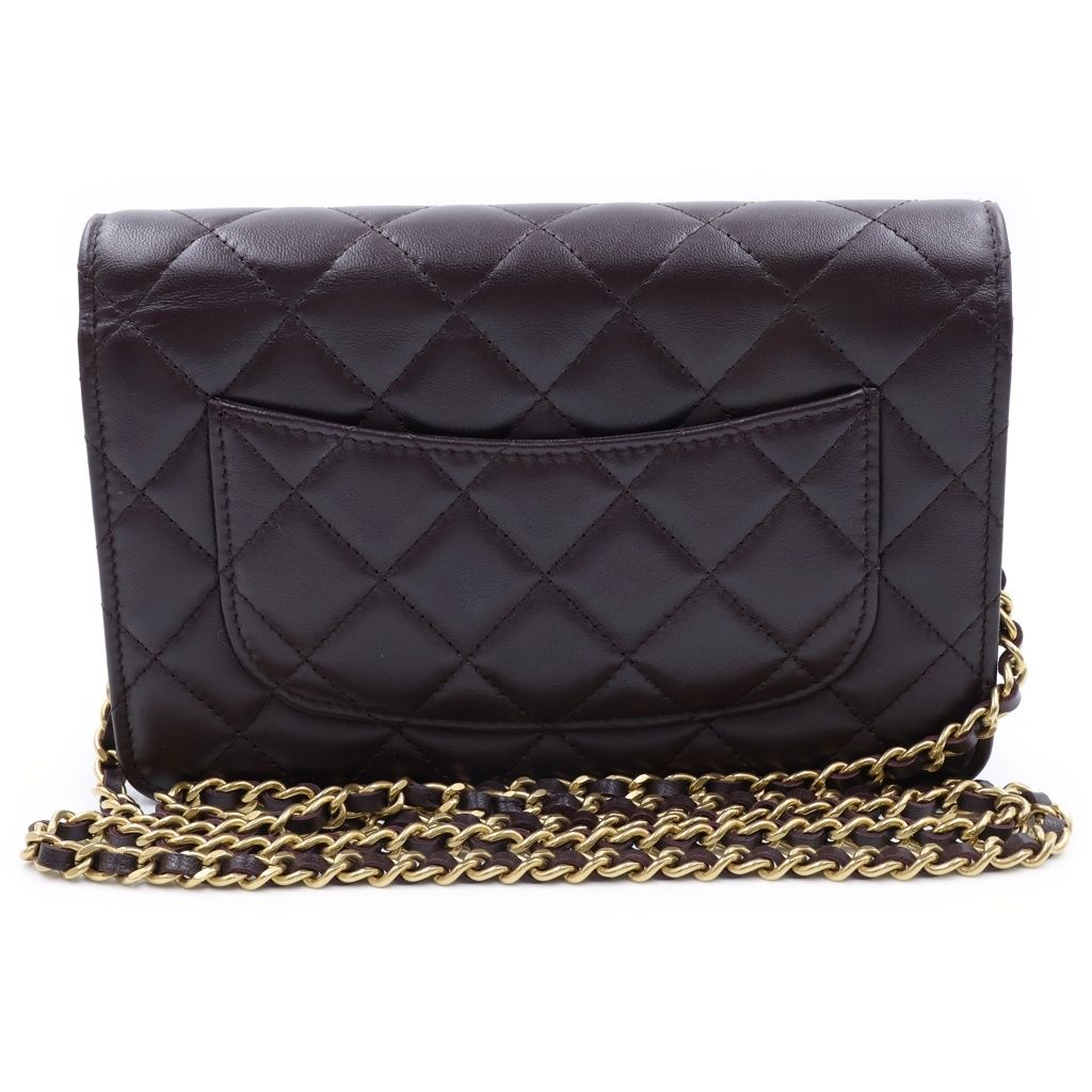 Chanel Quilted Lambskin Leather Chain Wallet Shoulder Bag Gold Brown Plate — view 2