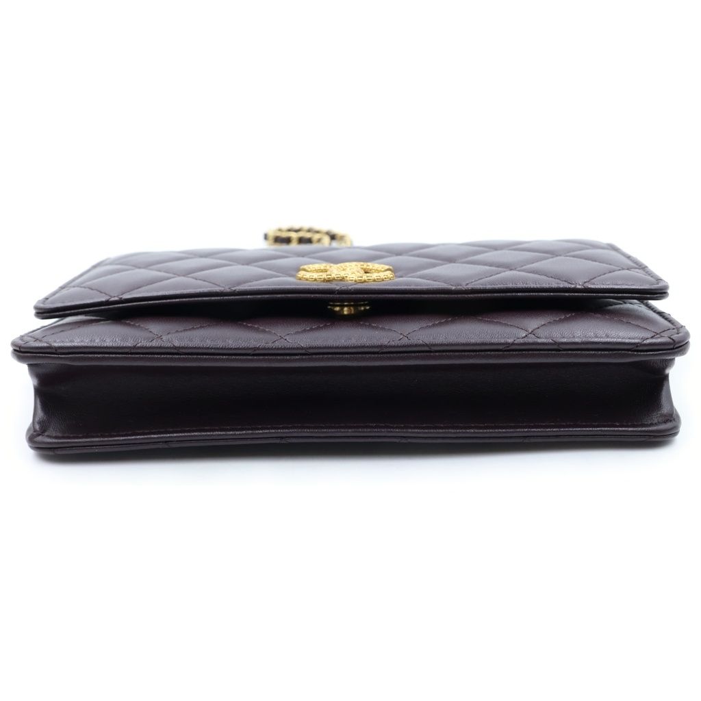 Chanel Quilted Lambskin Leather Chain Wallet Shoulder Bag Gold Brown Plate — view 4