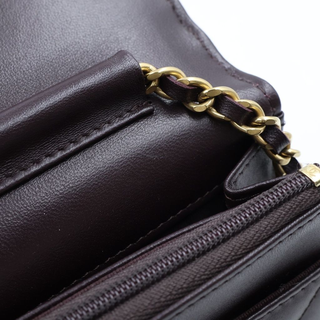 Chanel Quilted Lambskin Leather Chain Wallet Shoulder Bag Gold Brown Plate — view 7