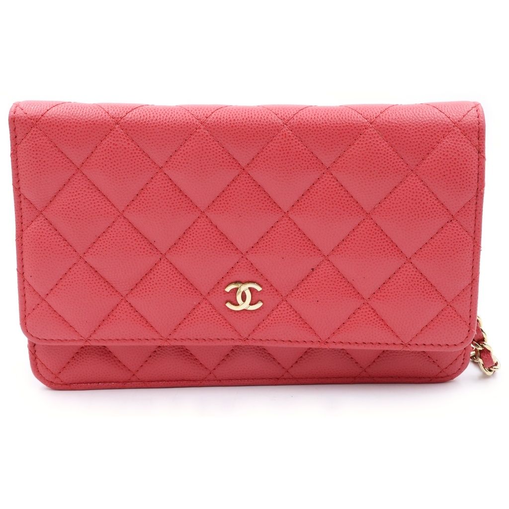Chanel CC Logo Quilted Caviar Leather Gold Chain Wallet Shoulder Bag Pink