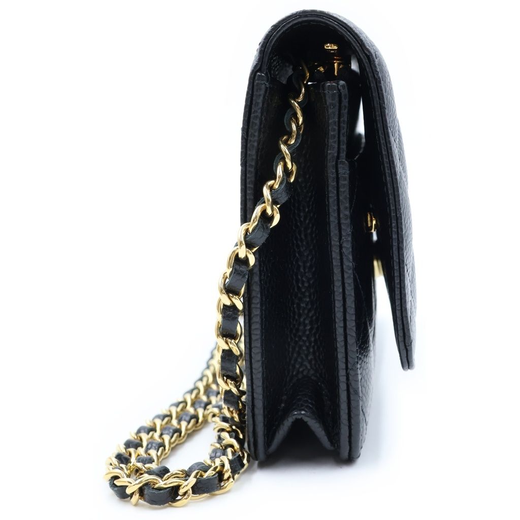 Chanel Quilted Caviar Leather Chain Wallet Shoulder Bag Gold Black Plate — view 3