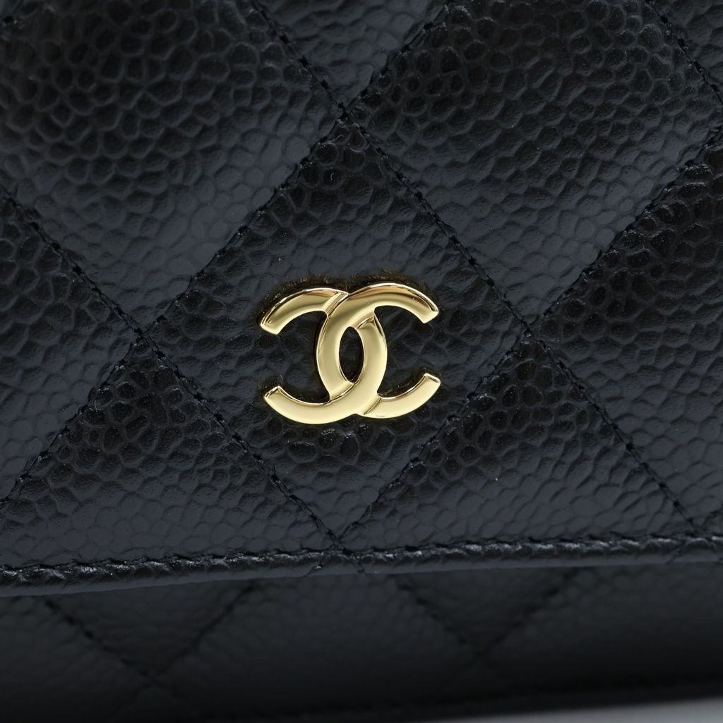 Chanel Quilted Caviar Leather Chain Wallet Shoulder Bag Gold Black Plate — view 6