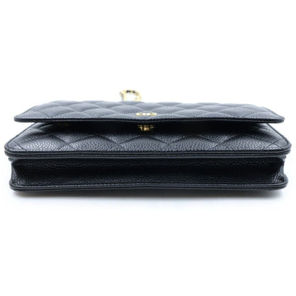 Chanel Quilted Caviar Leather Chain Wallet Shoulder Bag Gold Black Plate — view 4