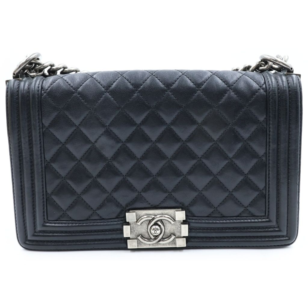 Chanel Boy 25 Quilted Lambskin Silver Chain Shoulder Bag Black