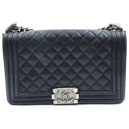 Chanel Boy 25 Quilted Lambskin Silver Chain Shoulder Bag Black