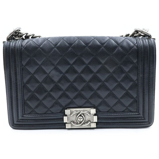 Chanel Boy 25 Quilted Lambskin Silver Chain Shoulder Bag Black