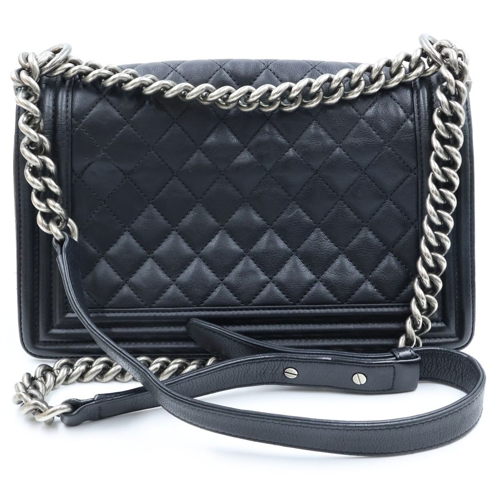 Chanel Boy 25 Quilted Lambskin Silver Chain Shoulder Bag Black — view 2