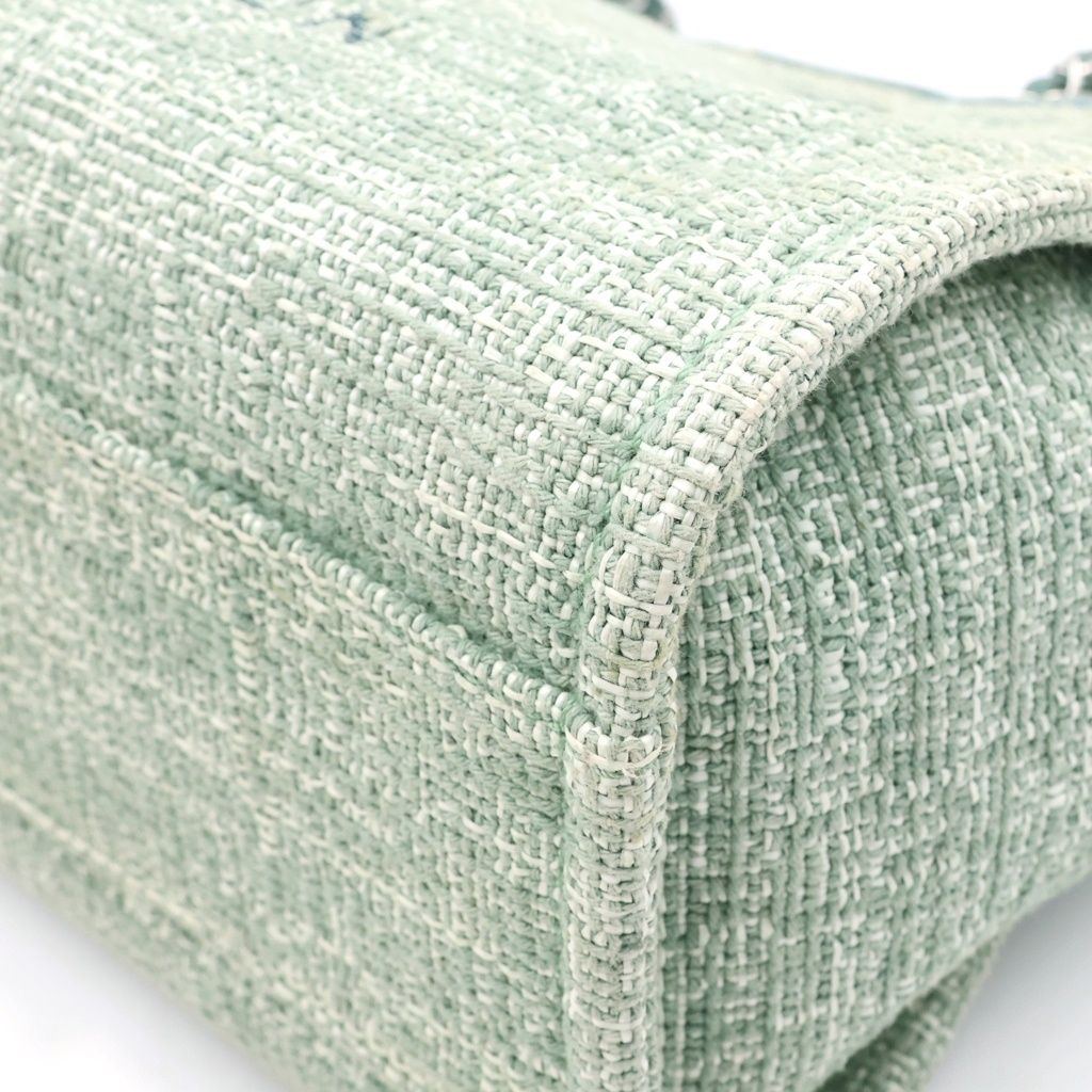 Chanel Deauville MM Jacquard Tweed Silver Chain Tote Shoulder Bag Green — view 5