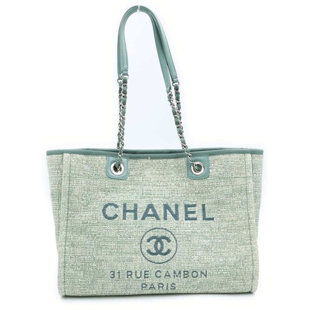 Chanel Deauville MM Jacquard Tweed Silver Chain Tote Shoulder Bag Green