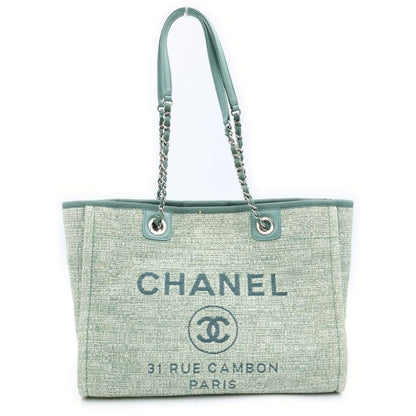 Chanel Deauville MM Jacquard Tweed Silver Chain Tote Shoulder Bag Green