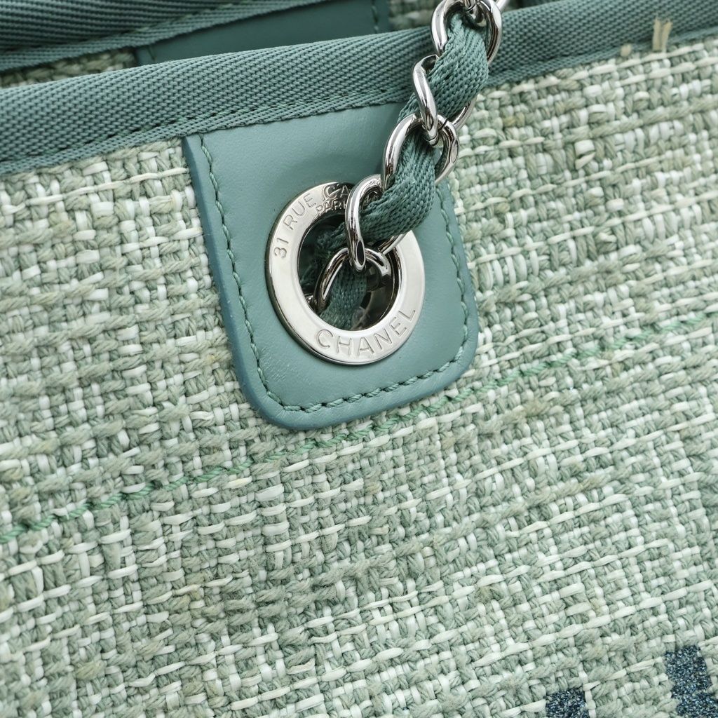 Chanel Deauville MM Jacquard Tweed Silver Chain Tote Shoulder Bag Green — view 7