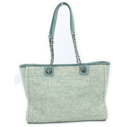 Chanel Deauville MM Jacquard Tweed Silver Chain Tote Shoulder Bag Green — view 2