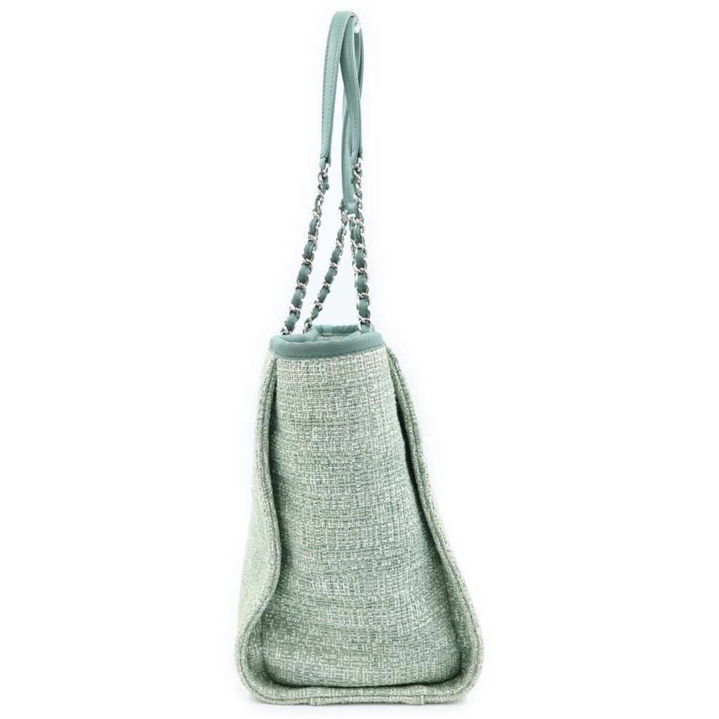 Chanel Deauville MM Jacquard Tweed Silver Chain Tote Shoulder Bag Green — view 3
