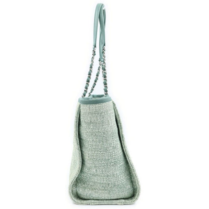 Chanel Deauville MM Jacquard Tweed Silver Chain Tote Shoulder Bag Green — view 3