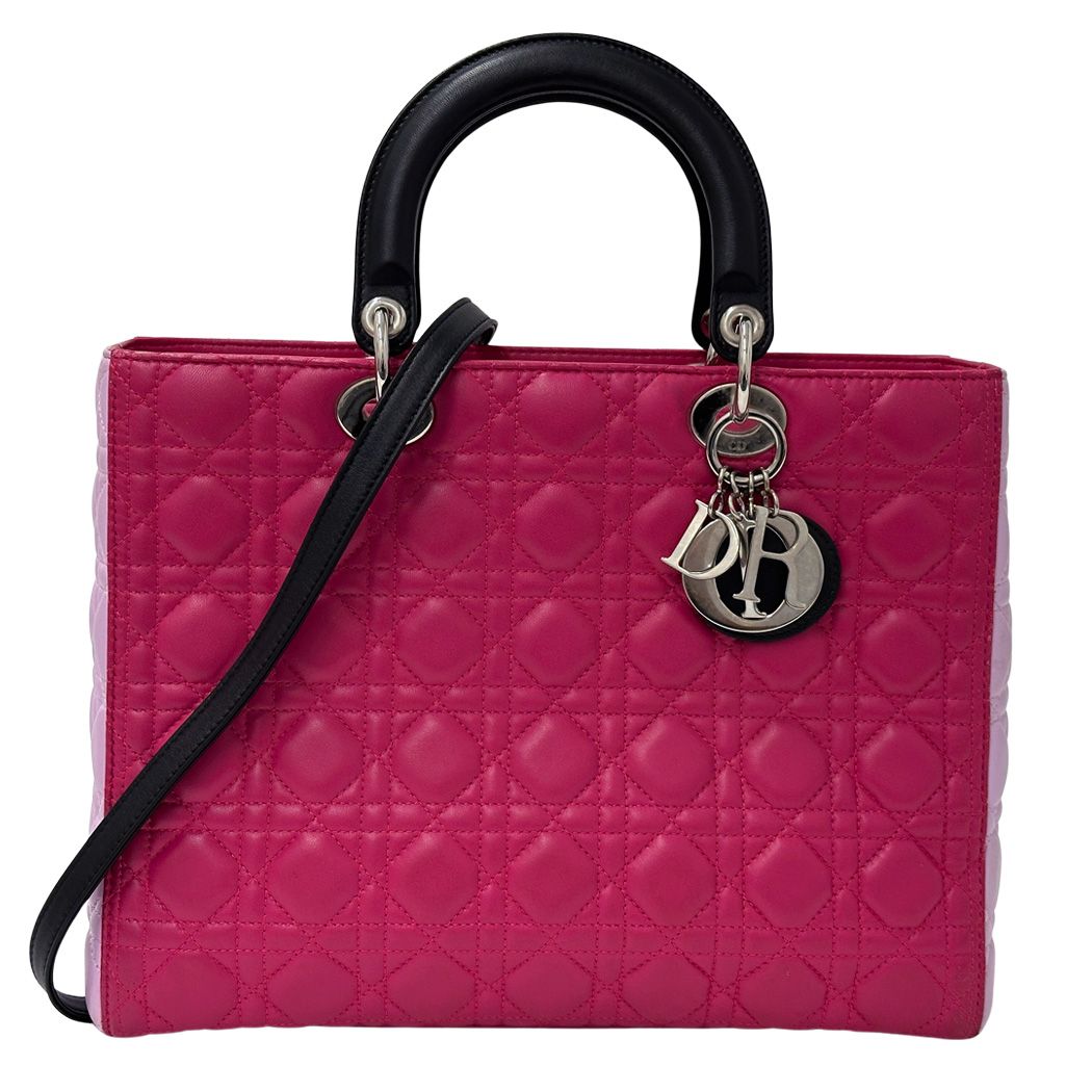 Dior 2-Way Shoulder Bag Lady Dior Large Leather Pink Silver Outing