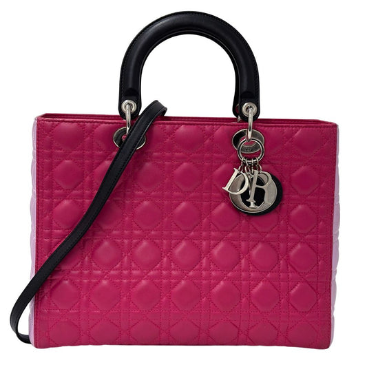 Dior 2-Way Shoulder Bag Lady Dior Large Leather Pink Silver Outing