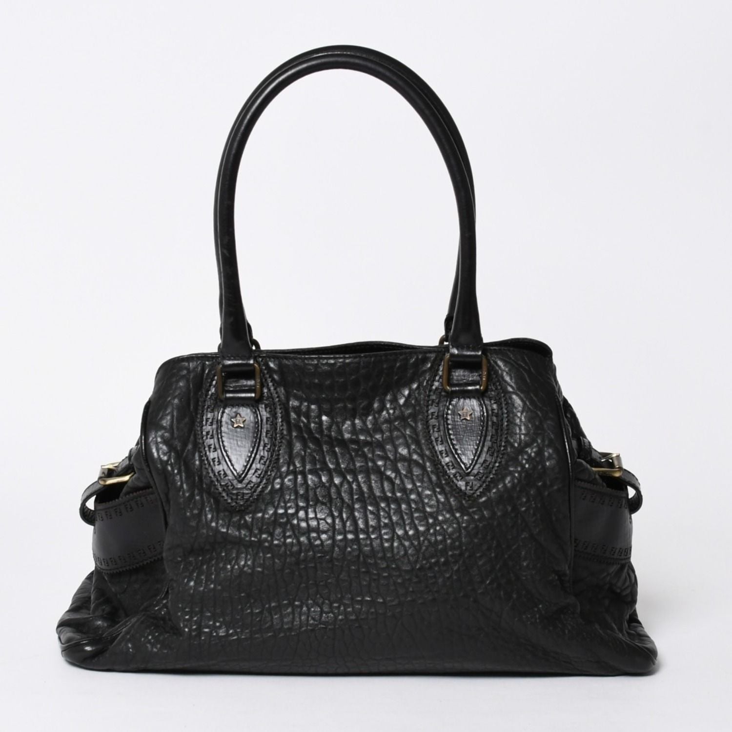 Fendi Etnico Handbag Zucca FF Logo Black Leather Antique Gold