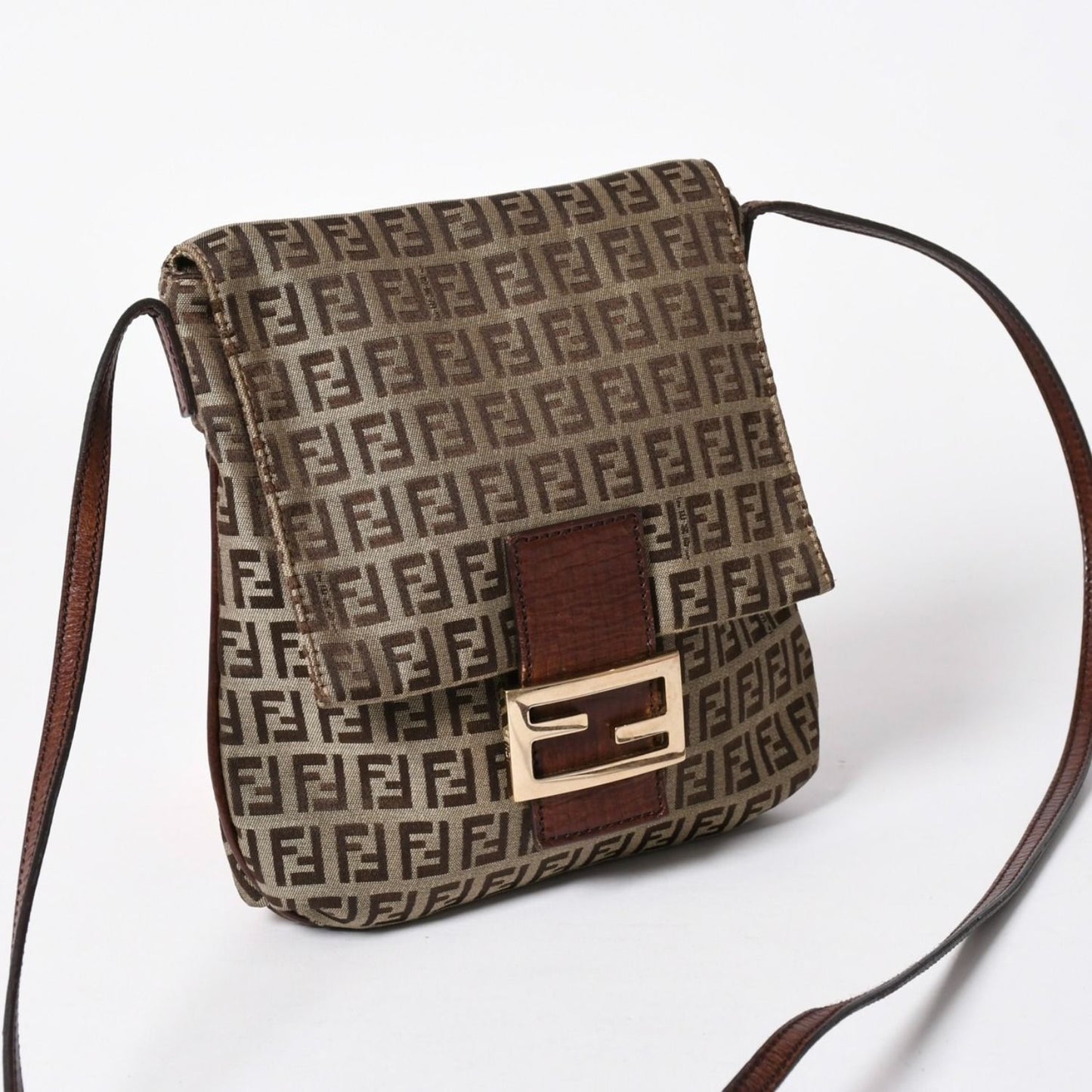 Fendi Zucchino Shoulder Bag Canvas Leather Beige Brown Gold — view 3