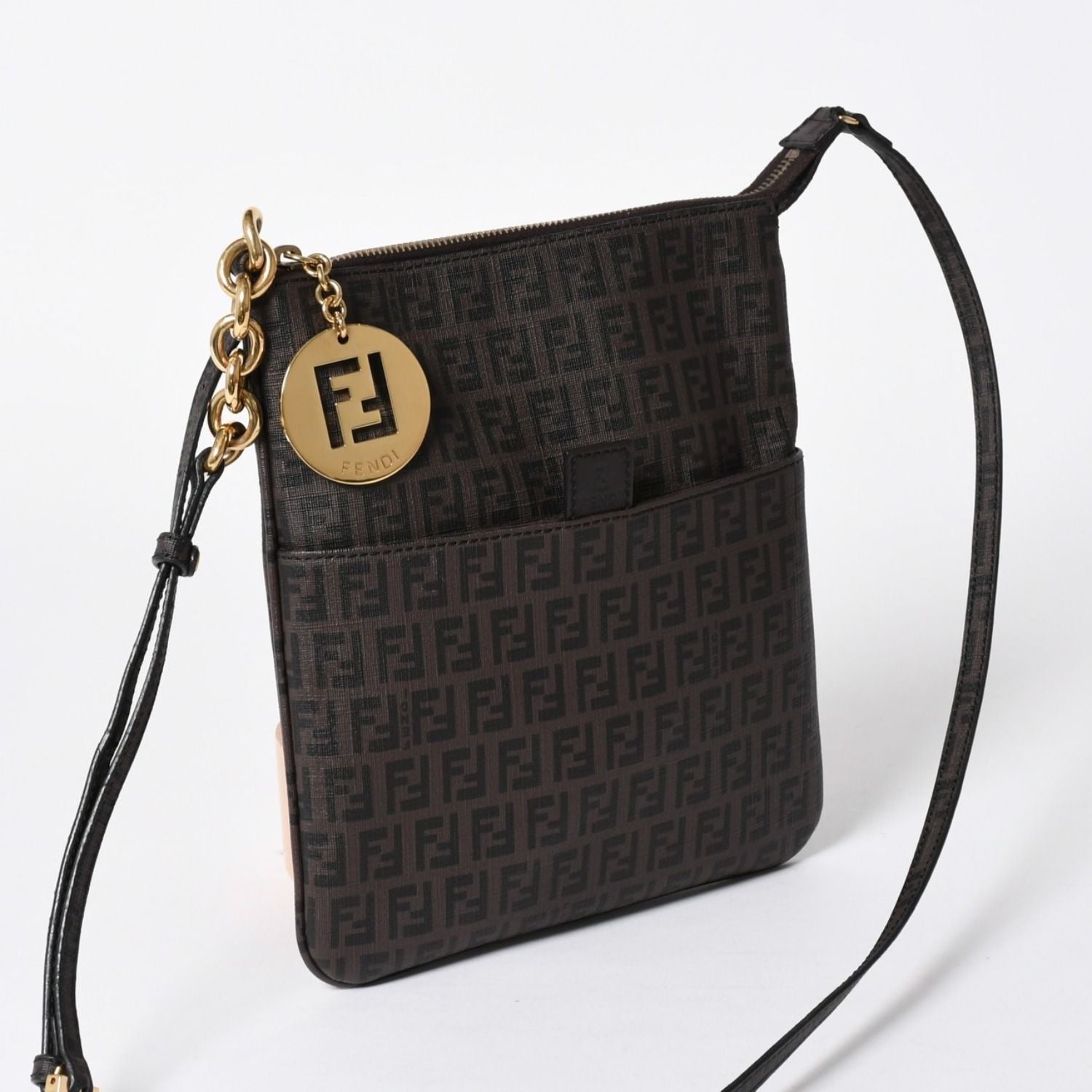 Fendi Zucchino Shoulder Bag FF Logo Brown Gold — view 3