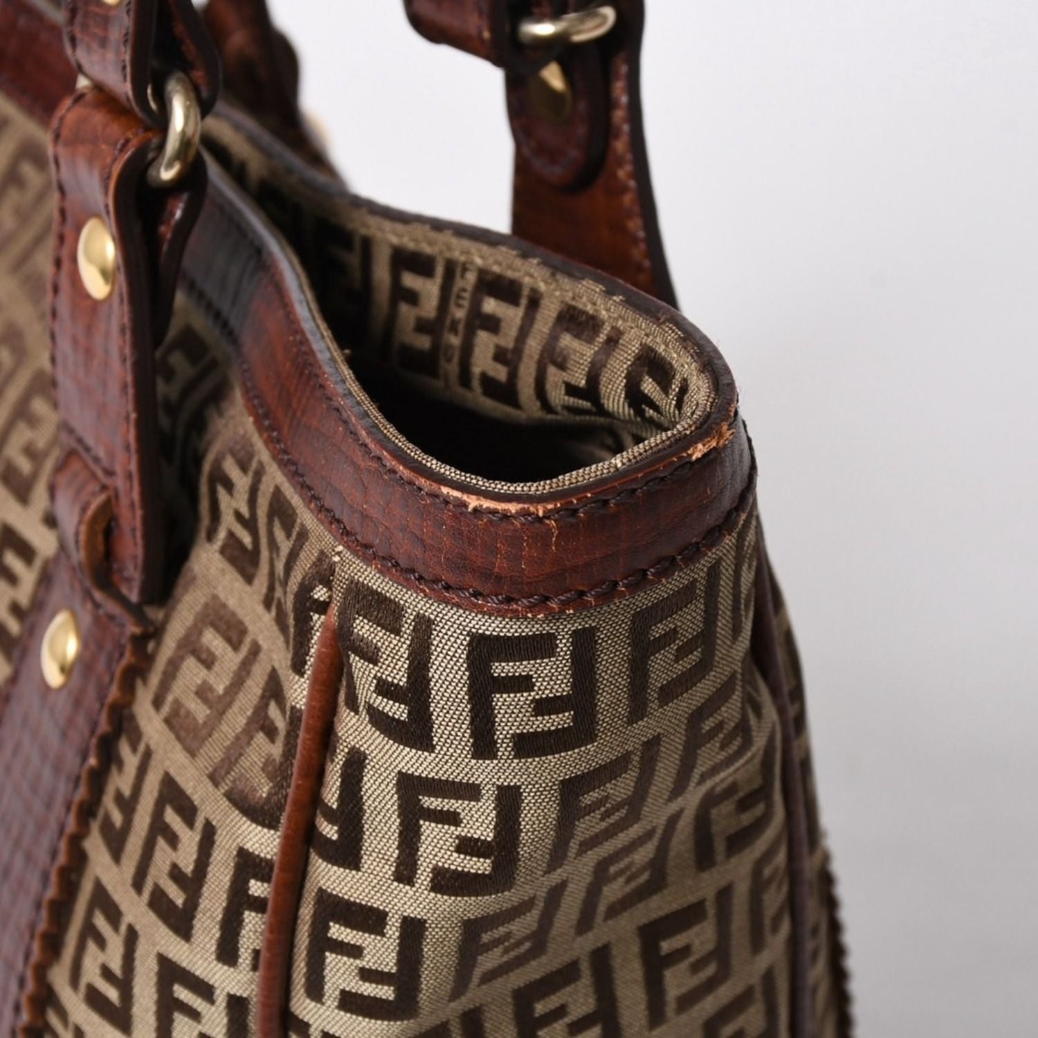 Fendi Zucchino Tote Bag Canvas Leather Beige Brown Gold — view 5