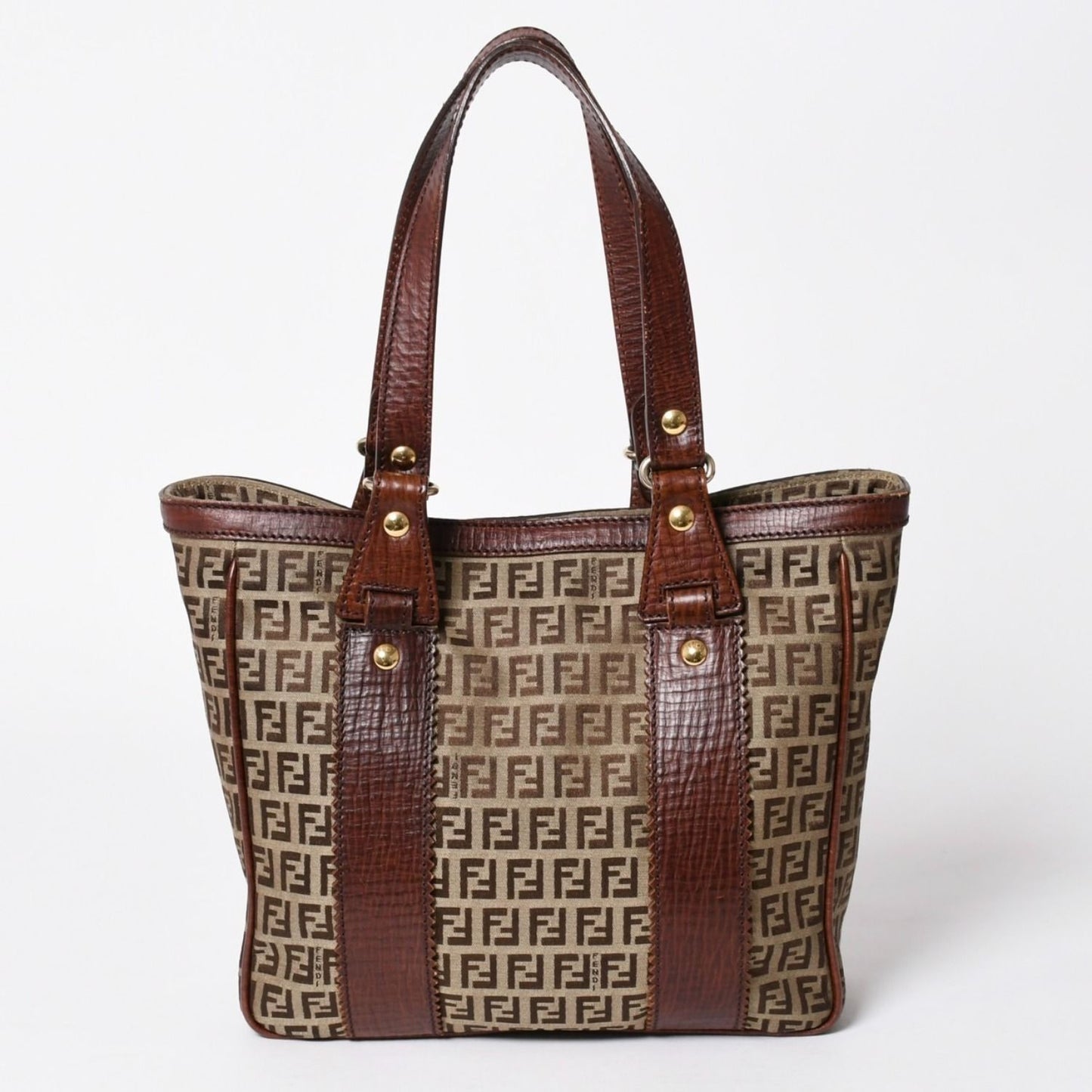 Fendi Zucchino Tote Bag Canvas Leather Beige Brown Gold — view 2