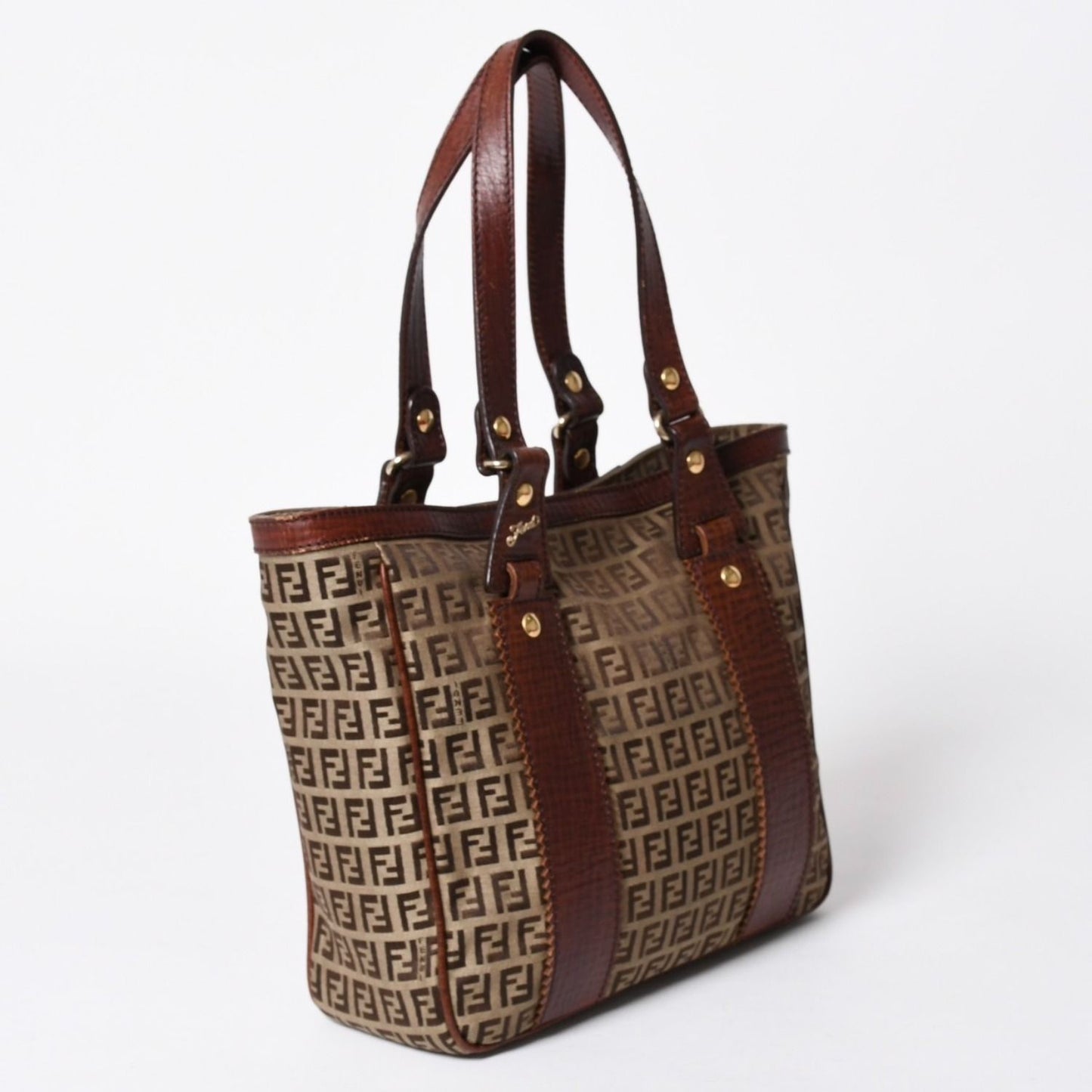 Fendi Zucchino Tote Bag Canvas Leather Beige Brown Gold — view 3