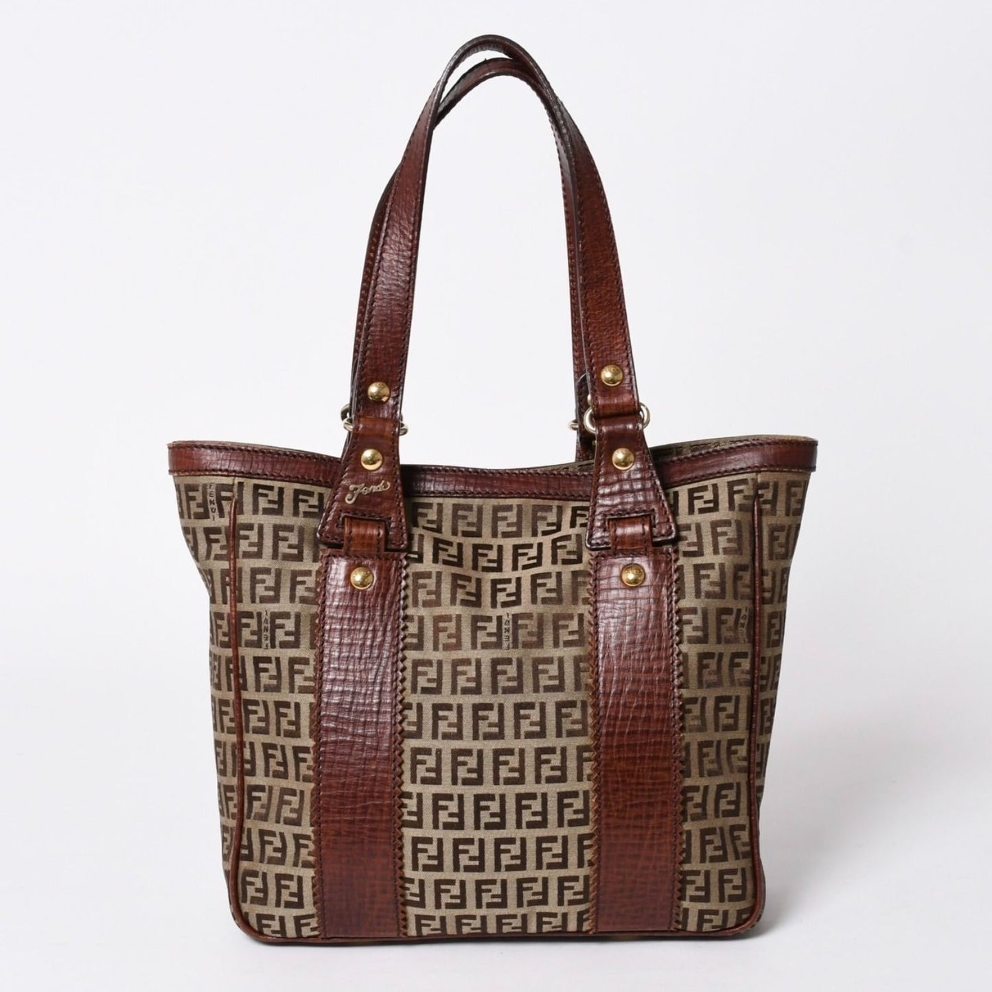 Fendi Zucchino Tote Bag Canvas Leather Beige Brown Gold