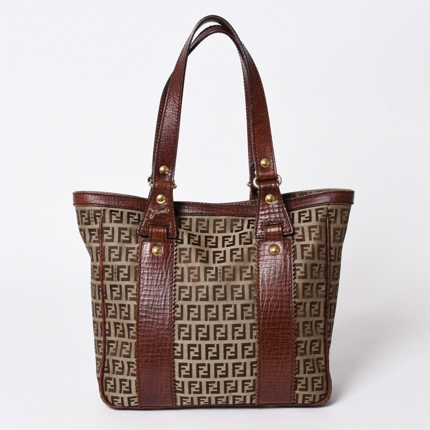 Fendi Zucchino Tote Bag Canvas Leather Beige Brown Gold