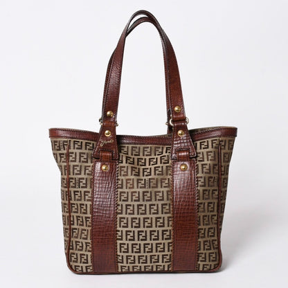 Fendi Zucchino Tote Bag Canvas Leather Beige Brown Gold