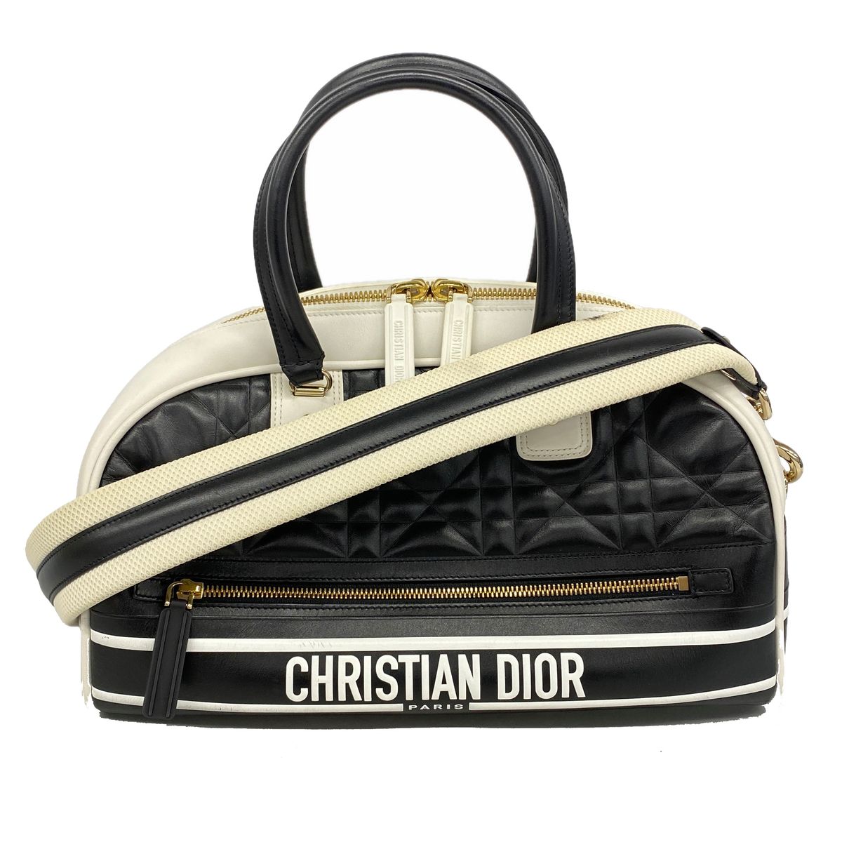 Dior Handbag Vibe Leather Black White Gold 2-Way Back