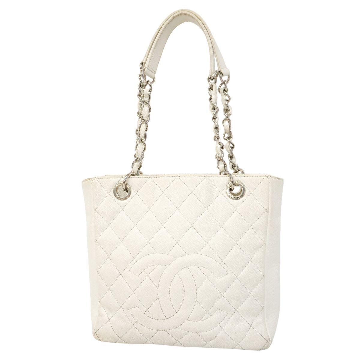 Chanel Chain Tote Bag Quilted Caviar Leather White Silver