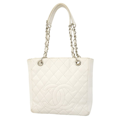 Chanel Chain Tote Bag Quilted Caviar Leather White Silver