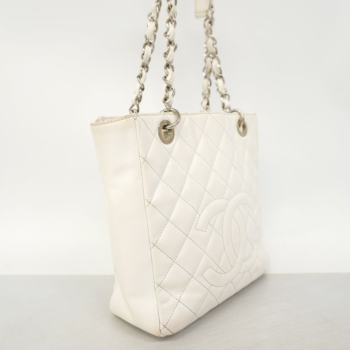 Chanel Chain Tote Bag Quilted Caviar Leather White Silver — view 2
