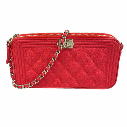 Chanel Shoulder Bag Boy Quilted Caviar Leather Red Silver