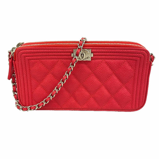 Chanel Shoulder Bag Boy Quilted Caviar Leather Red Silver