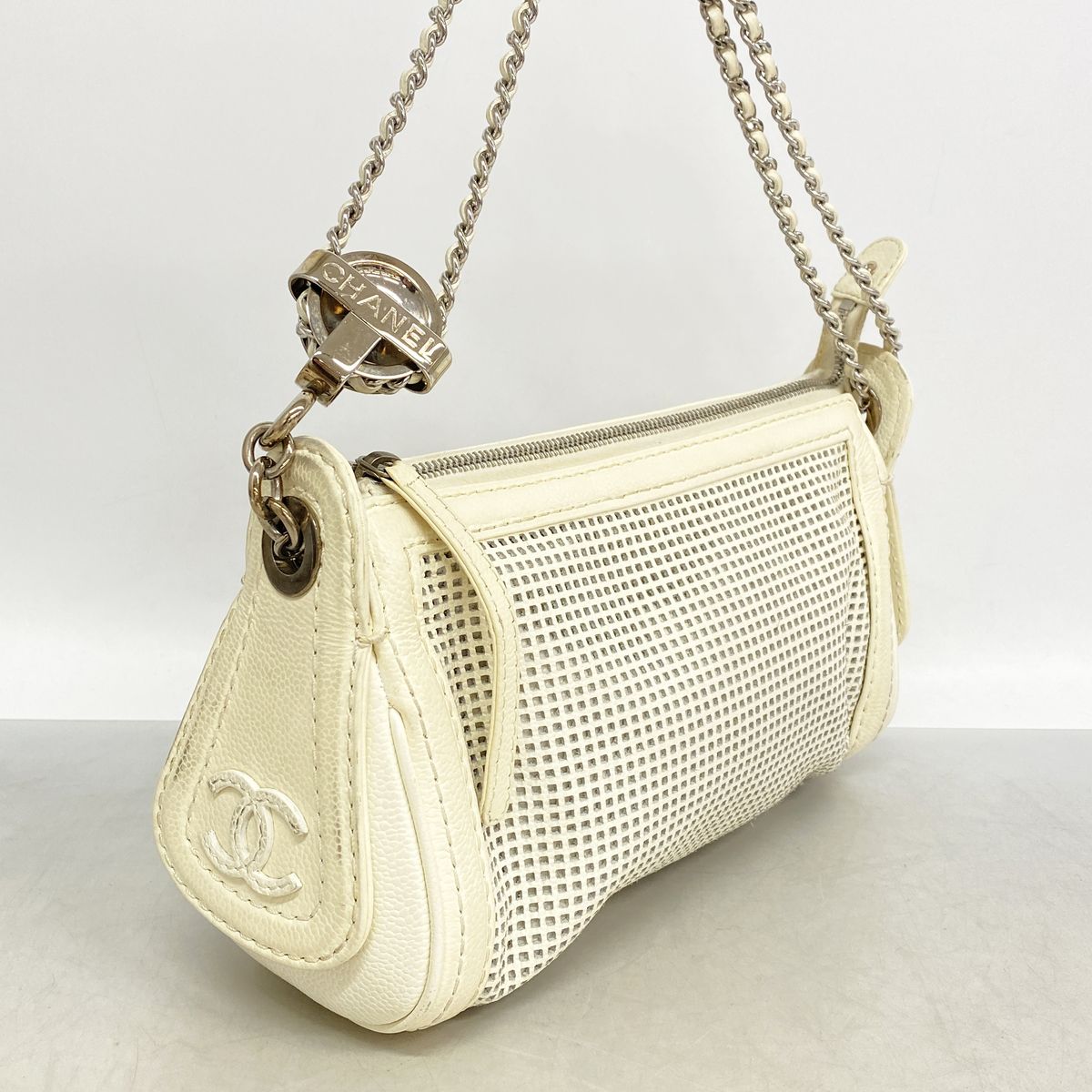 Chanel Shoulder Bag Perforated Leather Ivory Silver — view 2