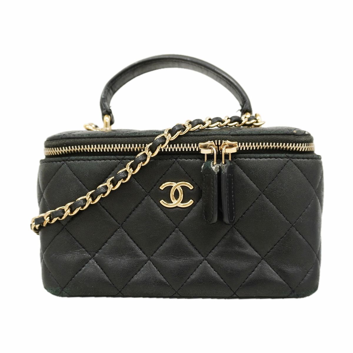 Chanel Vanity Bag Quilted Lambskin Black Champagne Gold