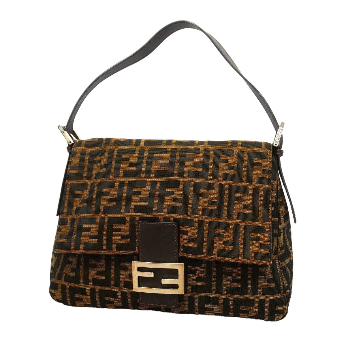Fendi Handbag Zucca Mamma Bucket Nylon Canvas Brown Silver