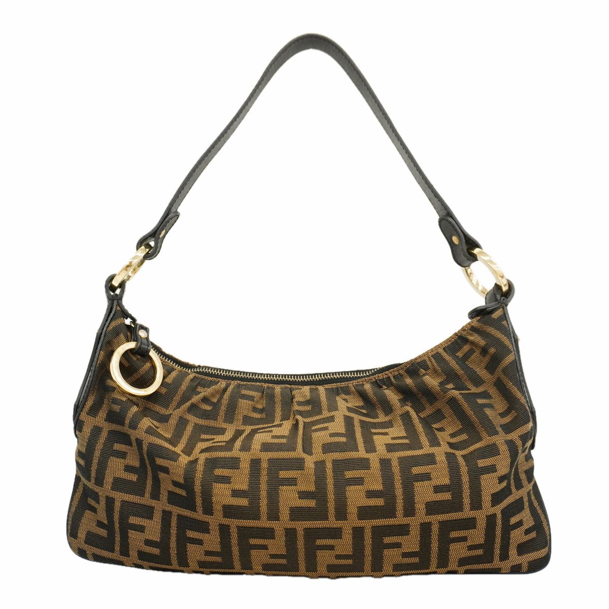 Fendi Shoulder Bag Zucca Nylon Canvas Brown Gold