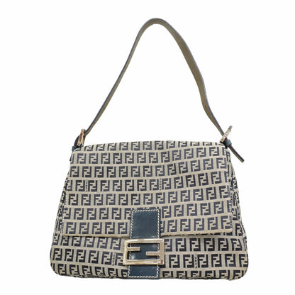 Fendi Handbag Zucchino Mamma Bucket Nylon Canvas Gray Navy Silver