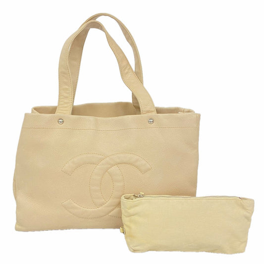 Chanel Tote Bag Caviar Leather Beige Silver