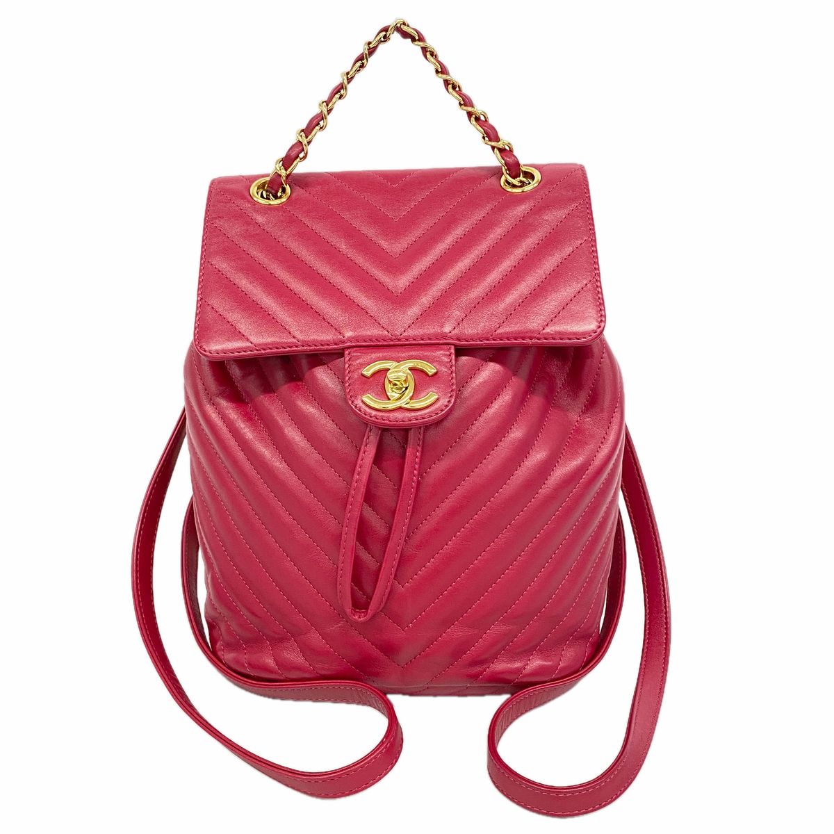 Chanel Backpack Chevron Lambskin Red Gold