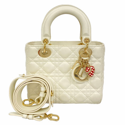Dior Handbag Cannage Lady Leather White Champagne Gold 2-Way Bag