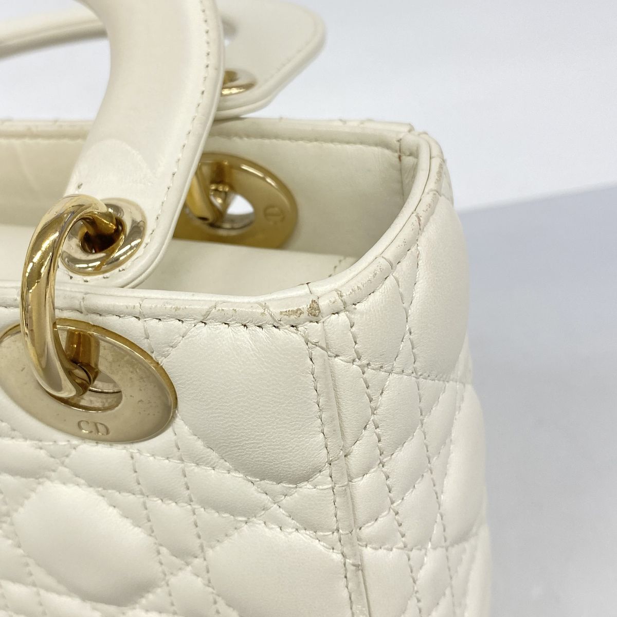 Dior Handbag Cannage Lady Leather White Champagne Gold 2-Way Bag — view 6