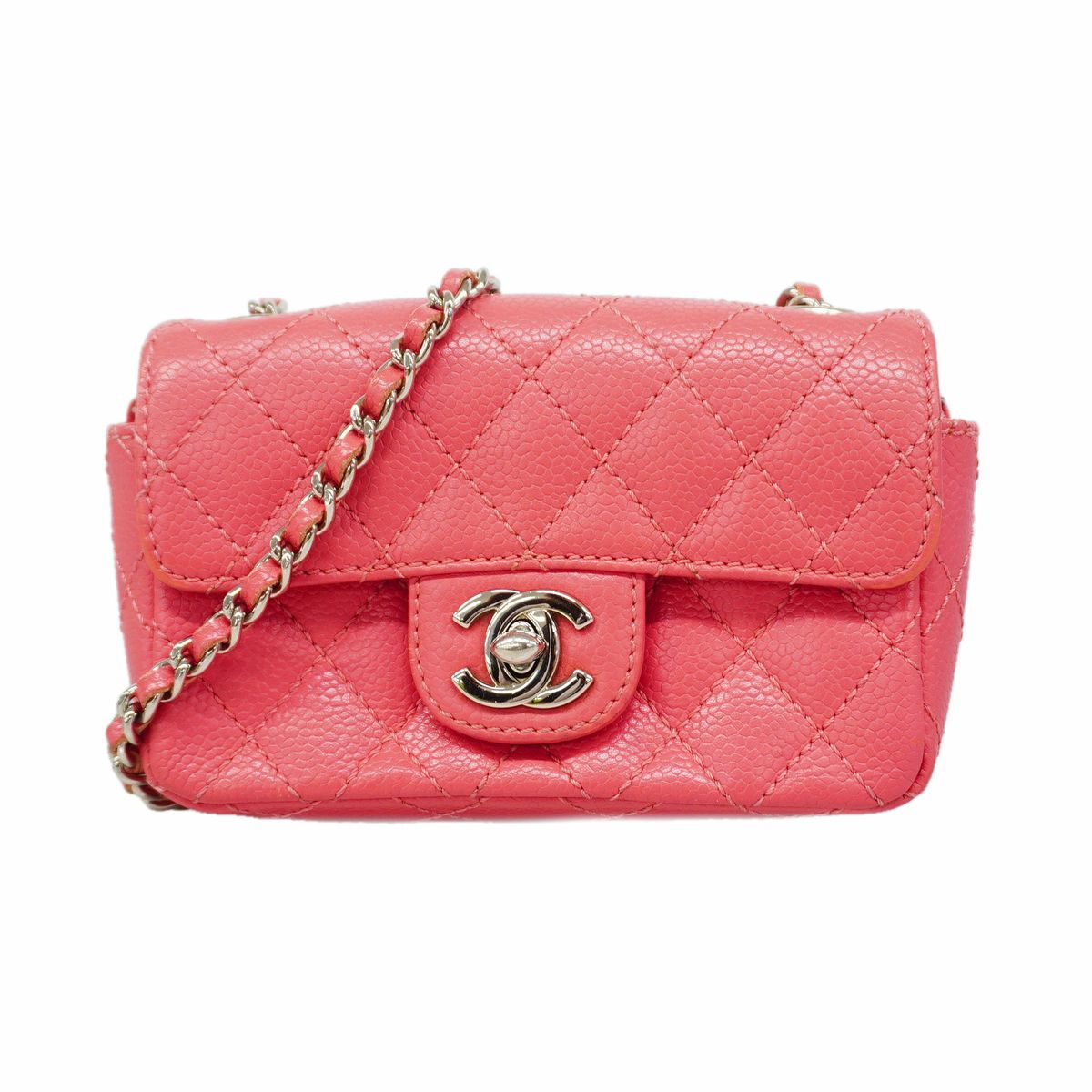 Chanel Shoulder Bag Mini Quilted Caviar Leather Pink Silver