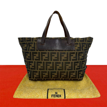 Fendi Vintage Zucca FF Pattern Nylon Leather Handbag Mini Tote Khaki Brown