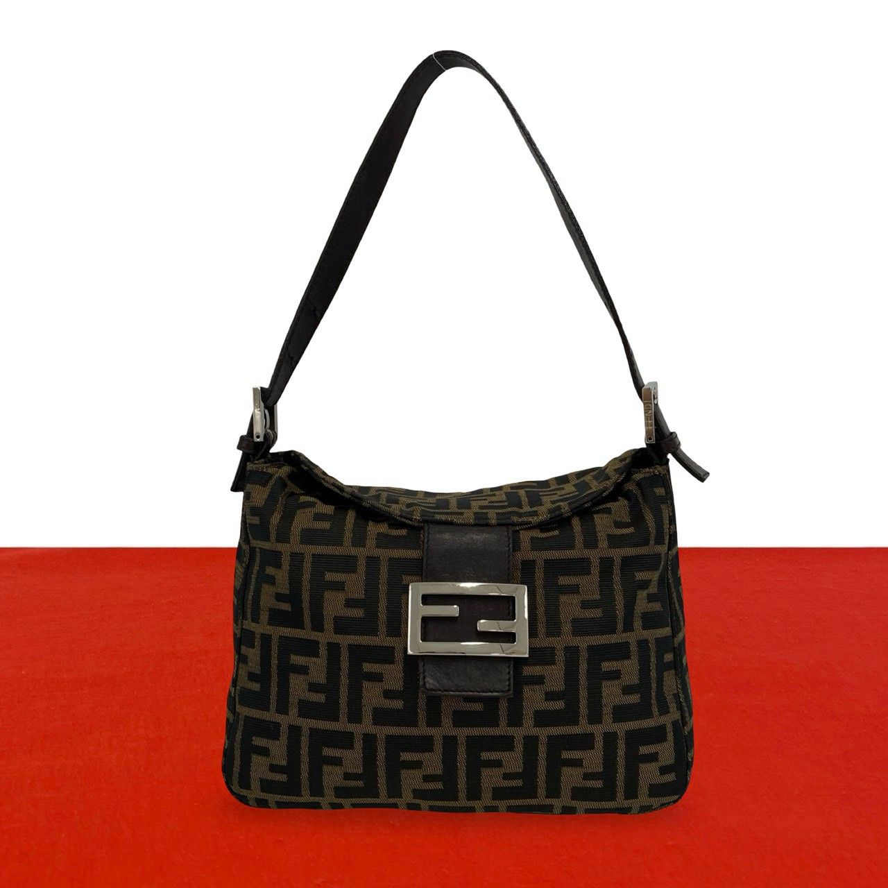 Fendi Vintage Zucca FF Pattern Canvas Leather Shoulder Bag Brown