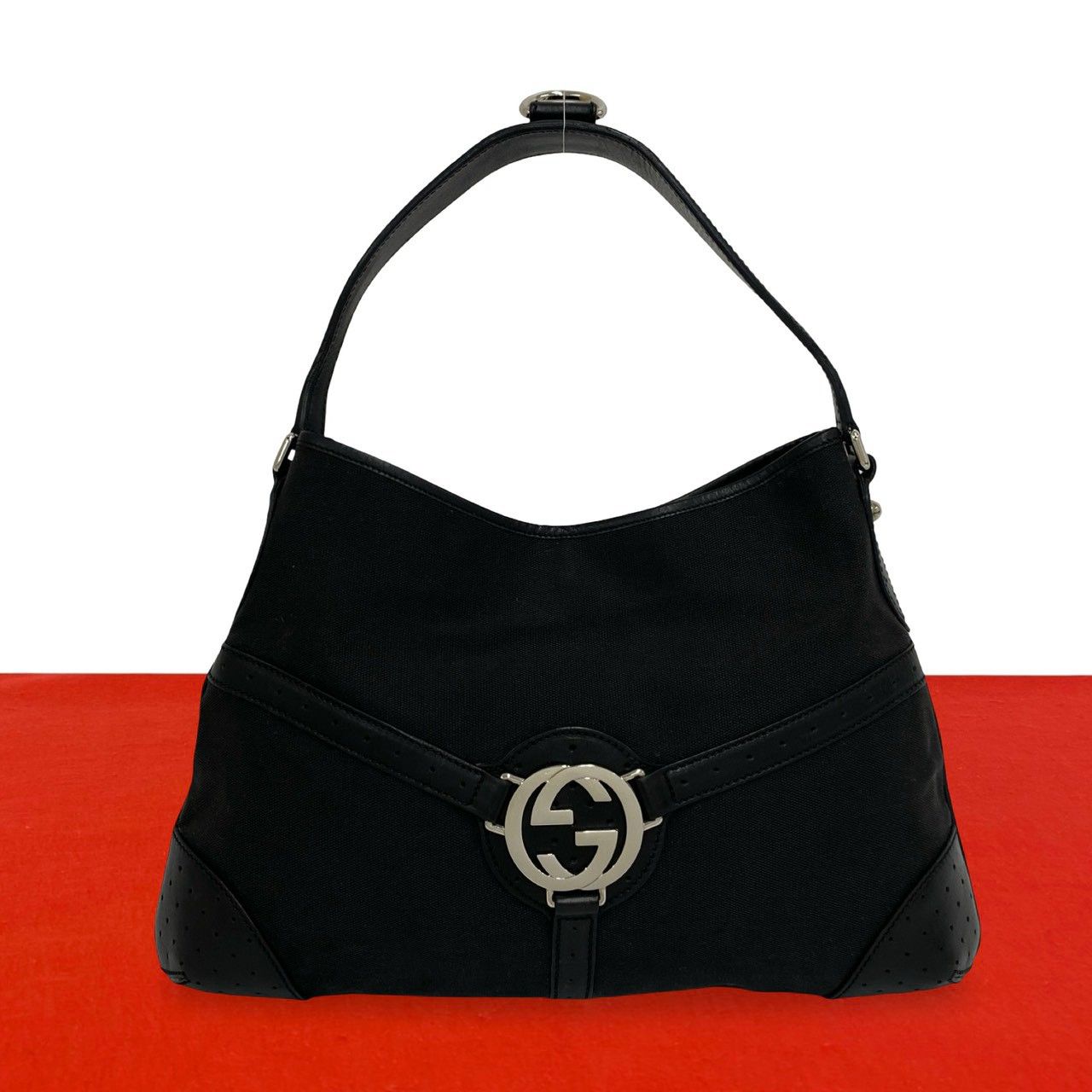 Gucci Interlocking Canvas Leather Shoulder Bag Black