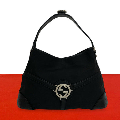Gucci Interlocking Canvas Leather Shoulder Bag Black
